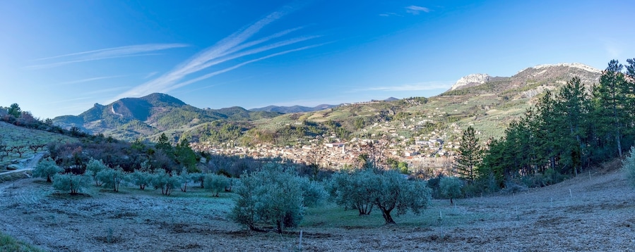 Panorama Buis-les-Baronnies is a commune and village in winter, Drome department in southeastern France