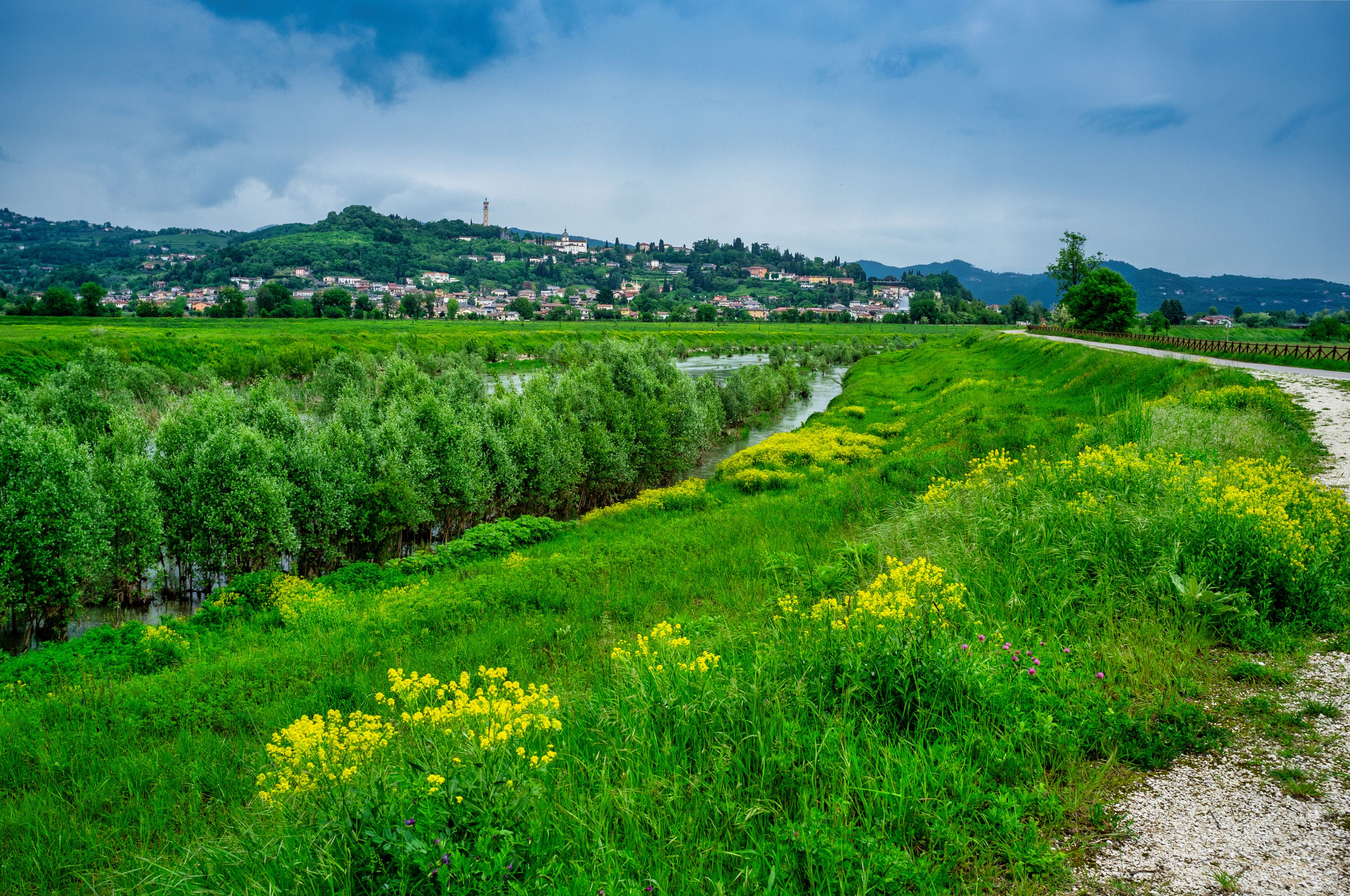 A rural landscape with a river, green fields, yellow flowers, and a distant village with buildings and a church.