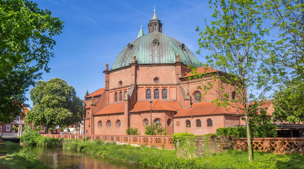 Panorama of the historic Augustinus church at the Vechte river in Nordhorn, Germany
