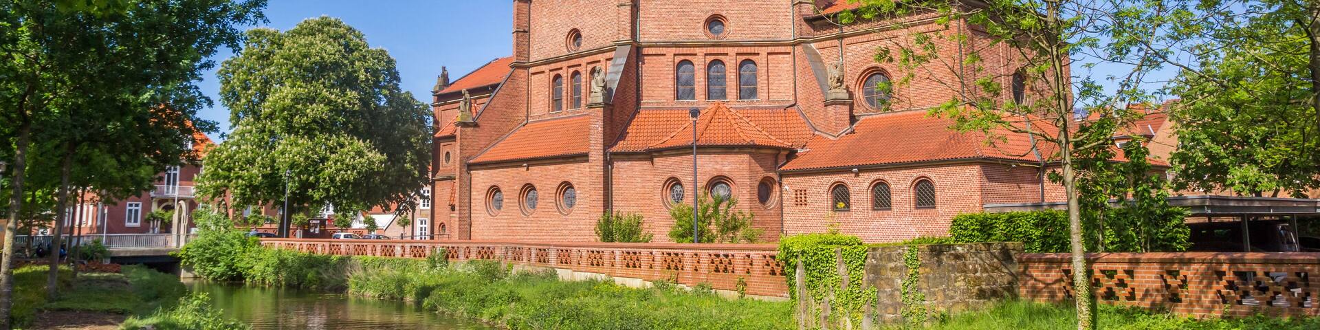 Panorama of the historic Augustinus church at the Vechte river in Nordhorn, Germany