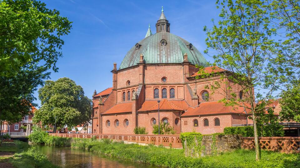 Panorama of the historic Augustinus church at the Vechte river in Nordhorn, Germany