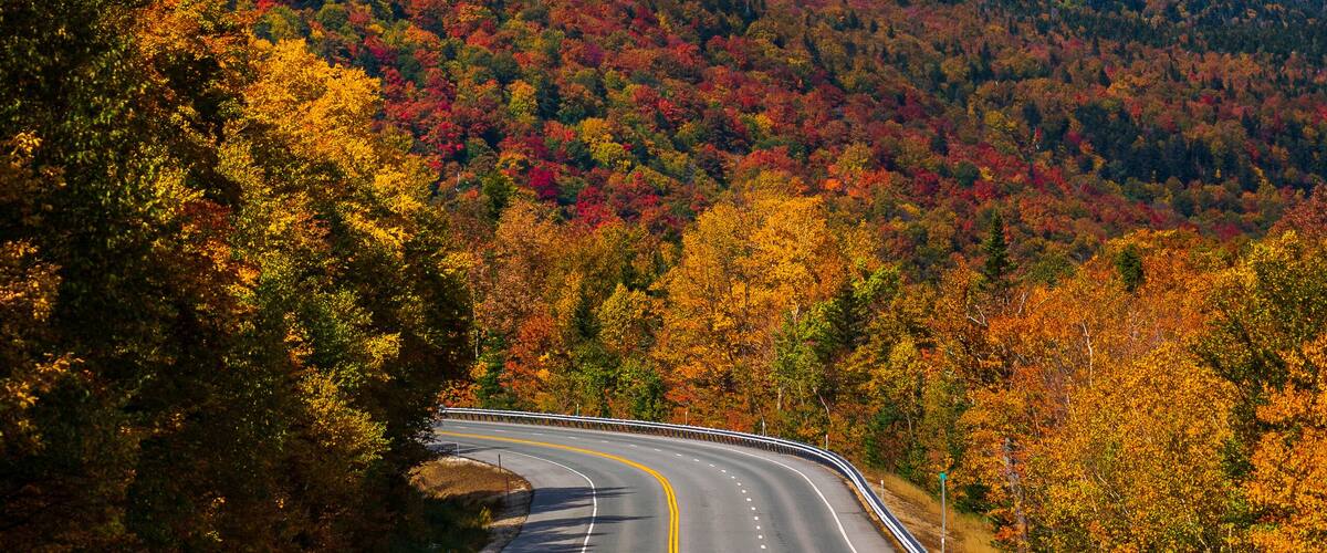 A winding road through a mountainous area with autumn foliage.