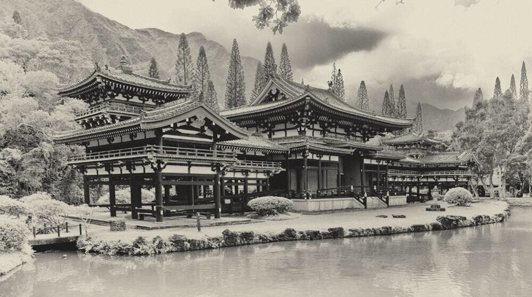 The Byodo-In Temple north of Honolulu is a recreated ancient Japanese landmark. It is in a much nicer location and as part of its relatively younger age .. it is in flawless condition.
The Original is in Kyoto Japan and is one thousand years old.