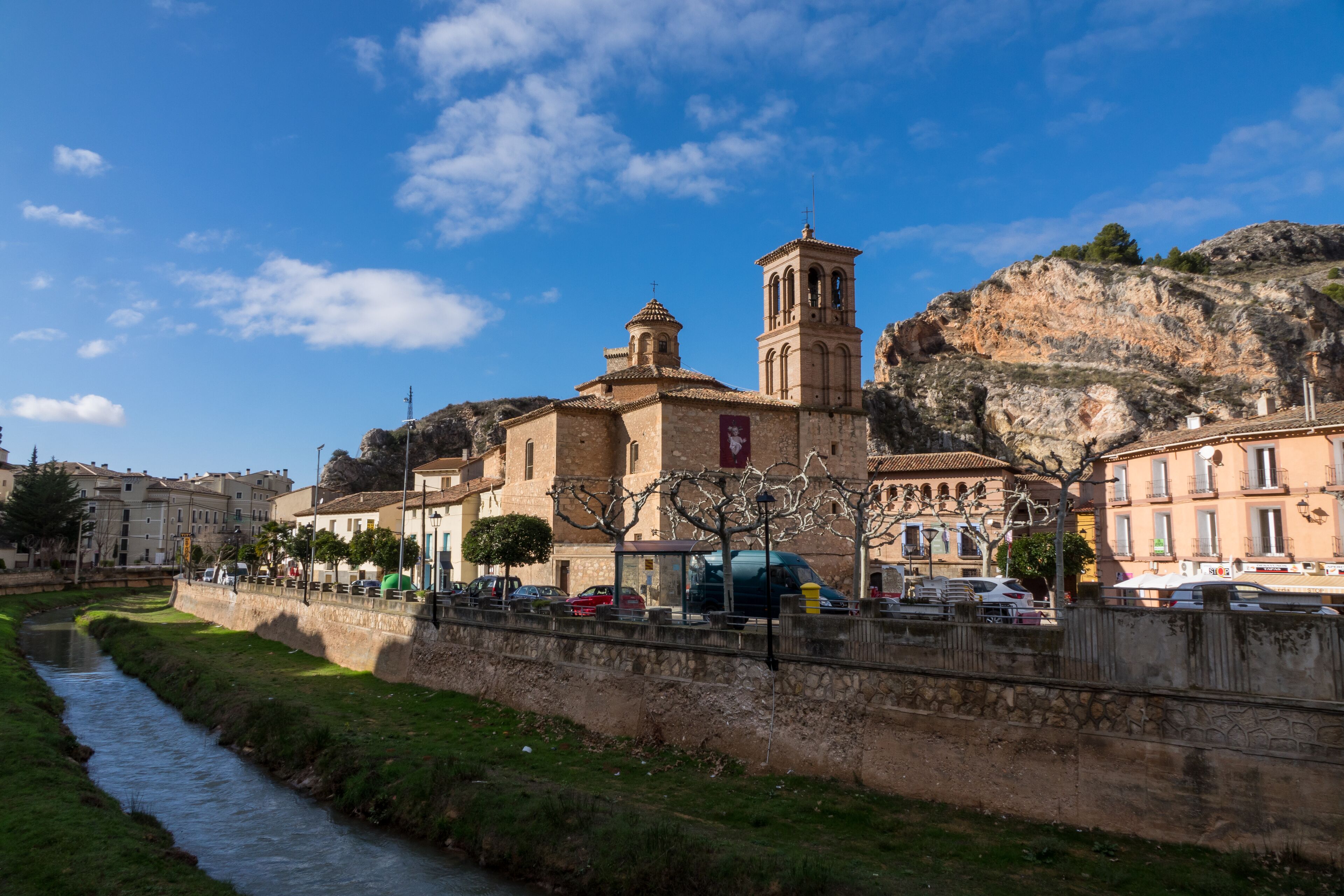 Church of Natividad de la Virgen in Alhama de Aragon, Zaragoza (Spain), and the river Jalon.