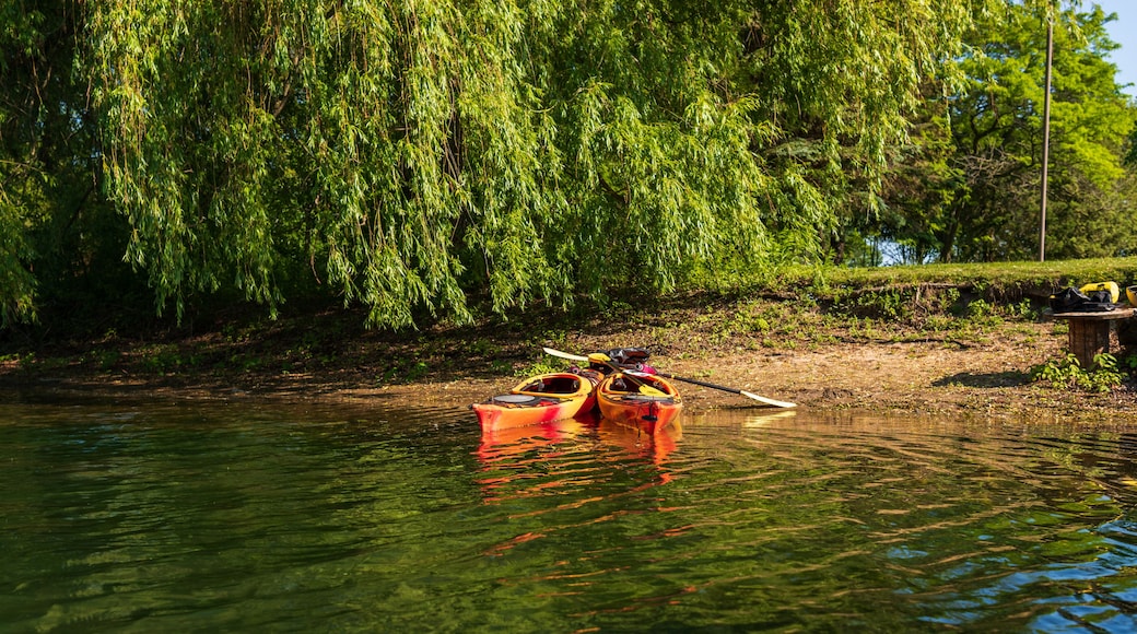 Two sea kayaking parked on a tiny beach on the Toronto Islands on a sunny June afternoon.