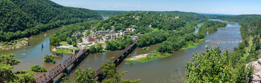 Wide Panorama Overlooking Harpers Ferry, West Virginia from Maryland Heights