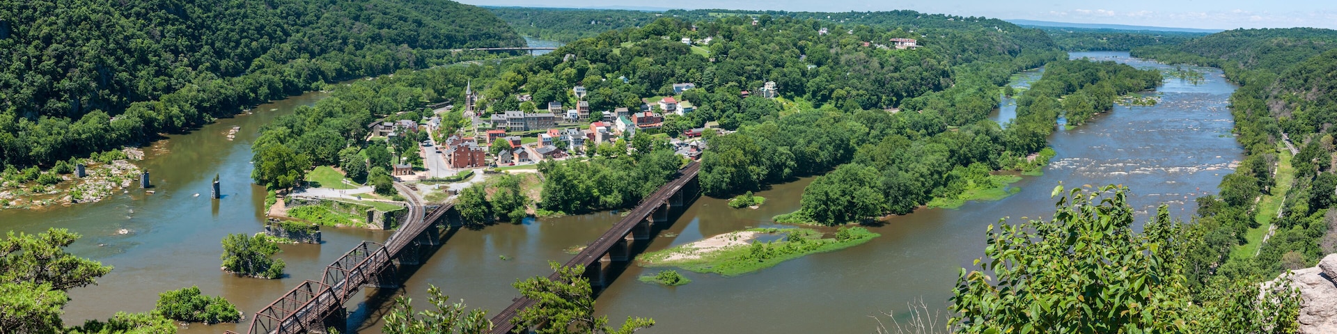 Wide Panorama Overlooking Harpers Ferry, West Virginia from Maryland Heights