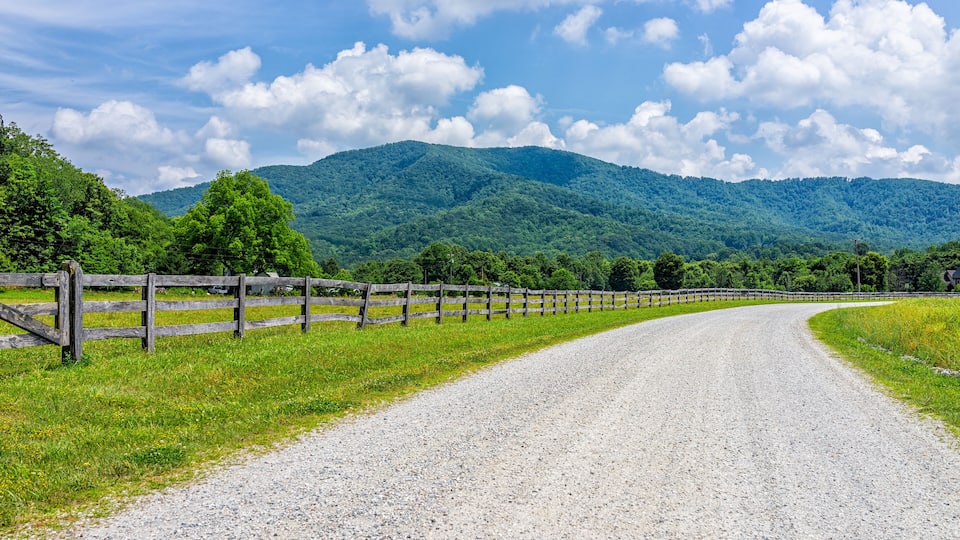 A gravel road curving through a grassy area with a wooden fence on one side and a forested mountain in the background.
