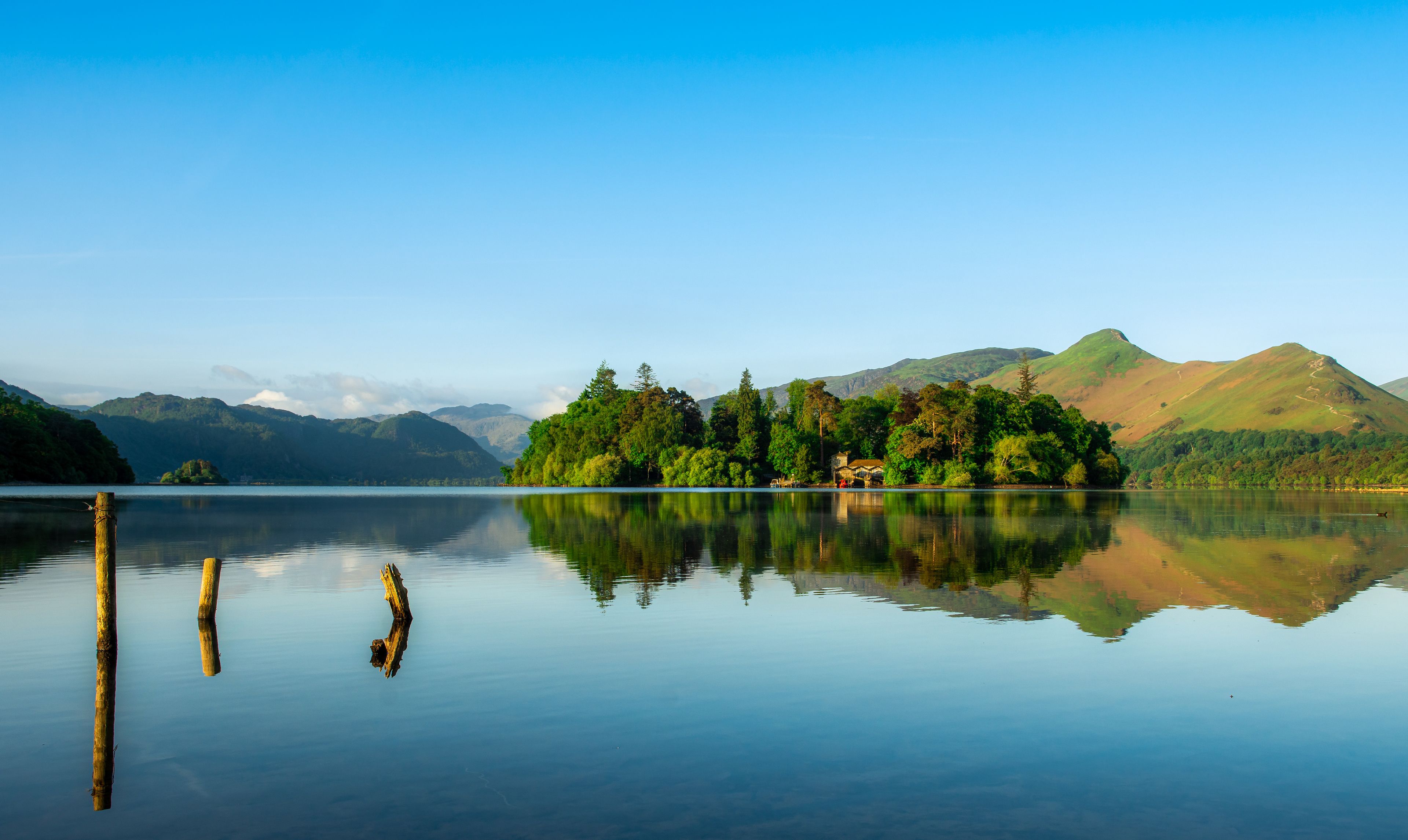 A calm lake with reflections of trees and mountains, wooden posts in the water, and a clear sky.