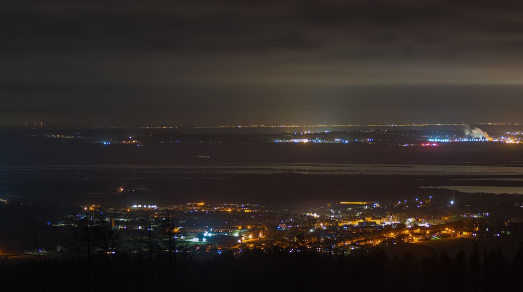 A nighttime cityscape with a prominent airport and a densely lit residential area.