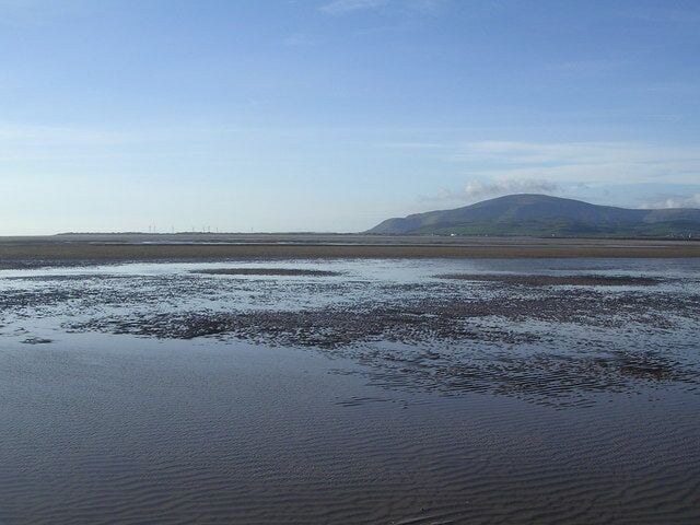 A coastal landscape with a wet beach, a distant mountain, and a clear sky.