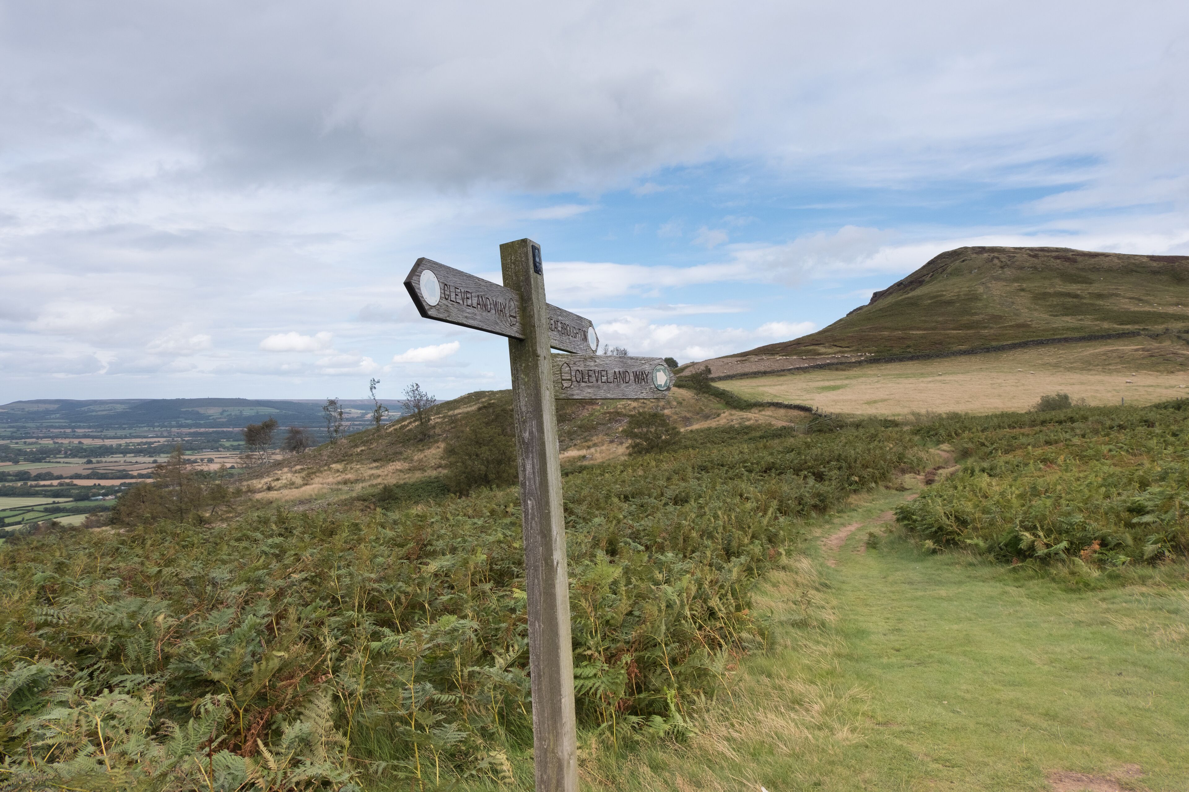 A wooden signpost with directions to Cleveland Way and Egerton.