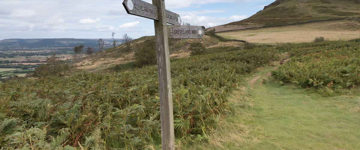 A wooden signpost with directions to Cleveland Way and Egerton.