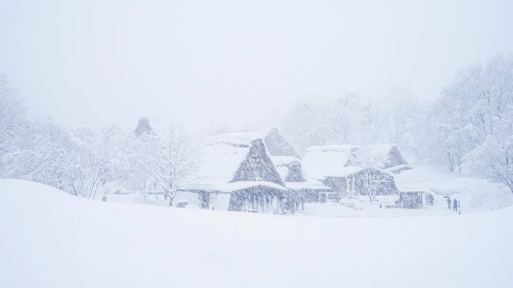 Un village enneigé, avec des maisons traditionnelles et des arbres.