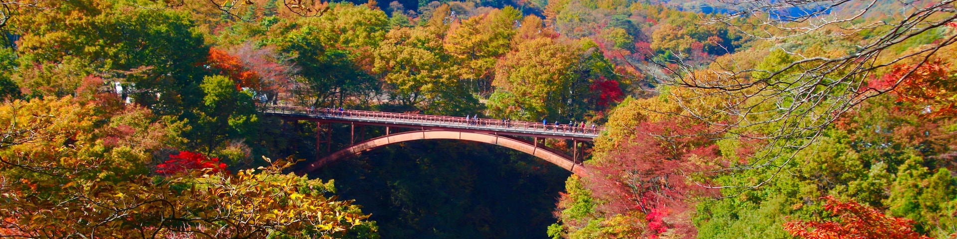 Vista panorámica de un puente sobre un río, rodeado de follaje otoñal y montañas al fondo.