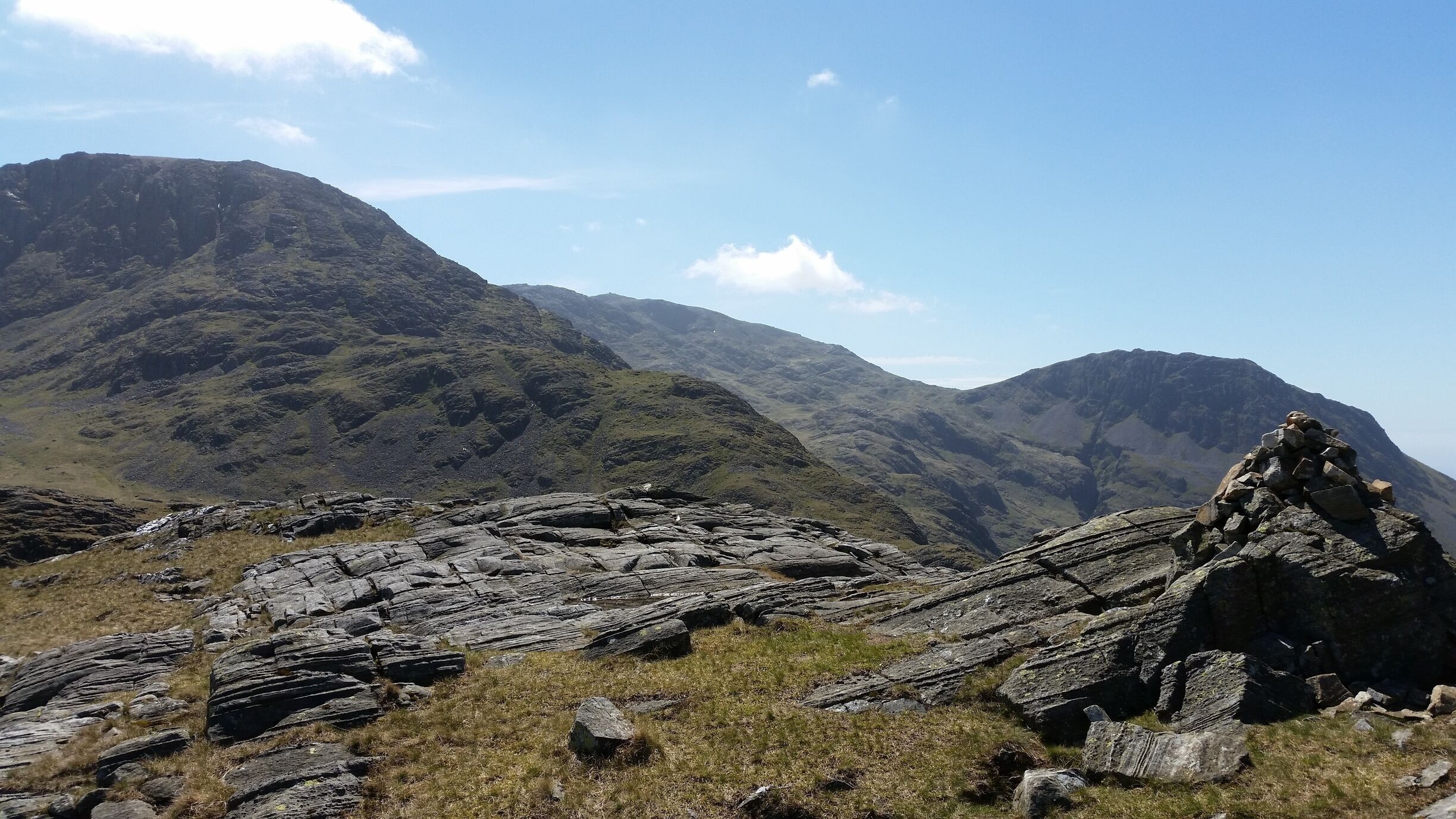 Looking towards Scafell Pike from Seathwaite Fell, with Great End prominent and Lingmell on the right.