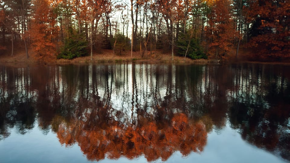 A calm lake reflecting autumn trees with vibrant orange and red foliage.