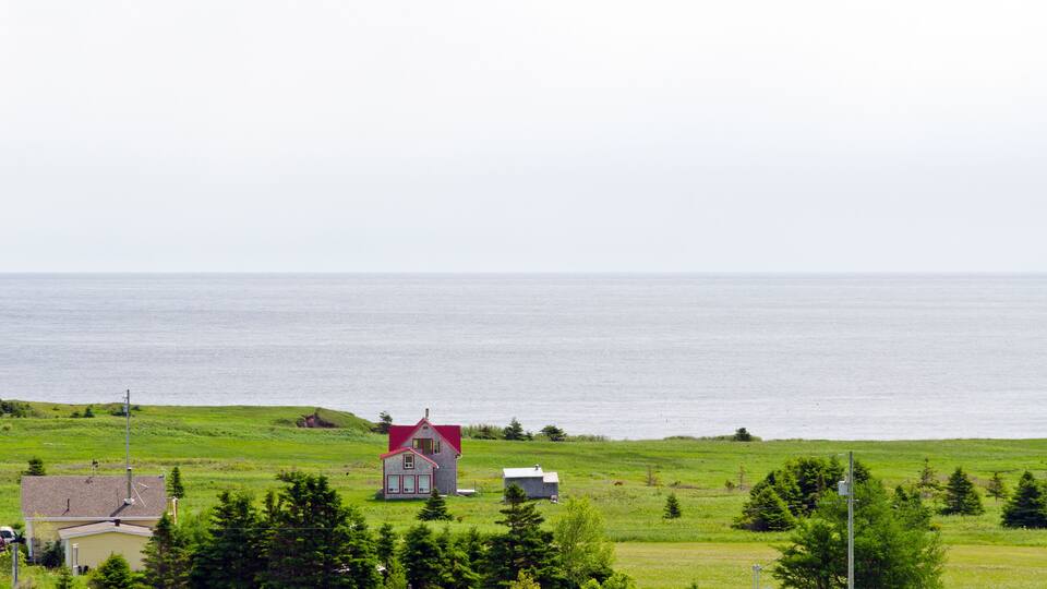 A coastal landscape with a red-roofed house, a small shed, and a grassy field.