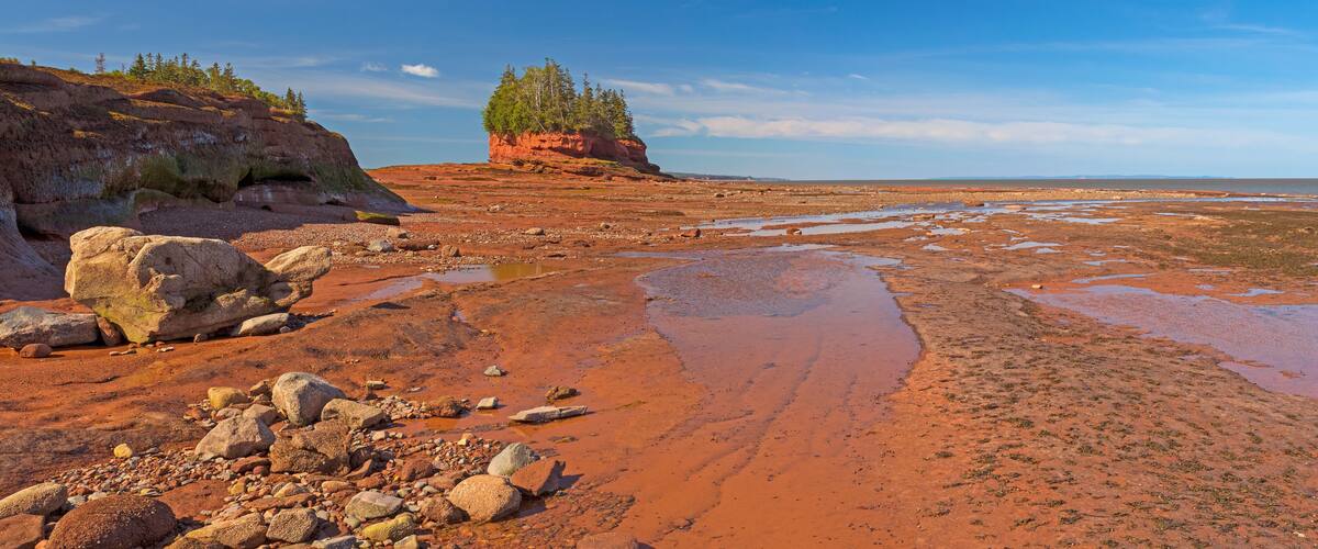A red rock landscape with scattered boulders and a small cluster of trees on a hill.