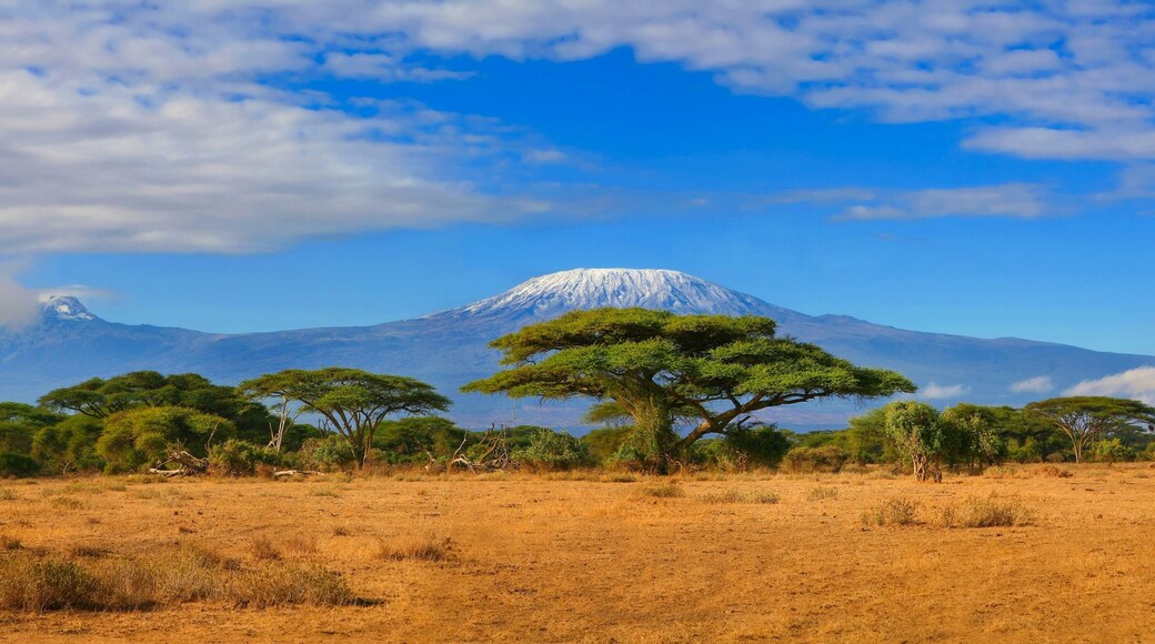 Kilimanjaro mountain Tanzania snow capped under cloudy blue skies captured whist on safari in Africa Kenya.