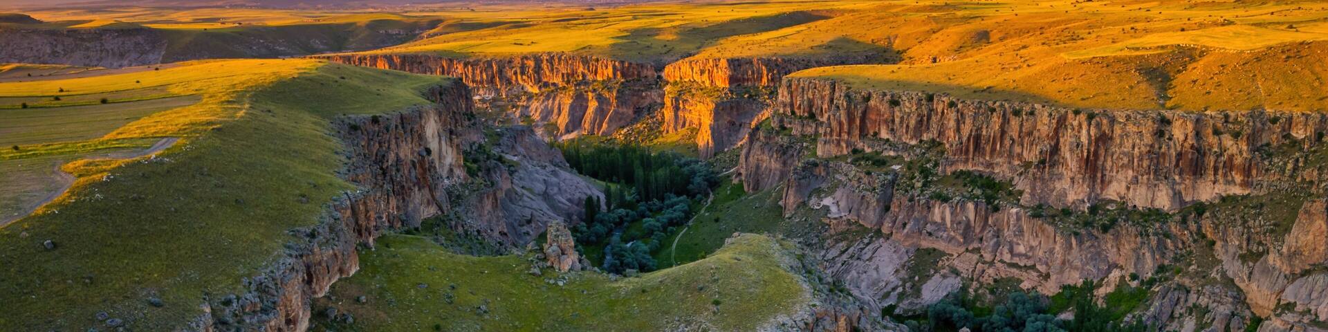 Ihlara Valley in Cappadocia drone aerial view at sunset in Aksaray