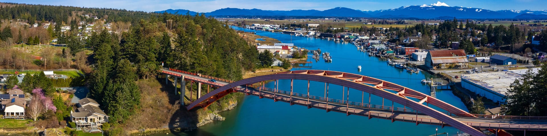 Rainbow Bridge in the Town of La Conner, Washington. Rainbow Bridge connects Fidalgo Island and La Conner, crossing Swinomish Channel in Skagit County. National Register of Historic Places.
