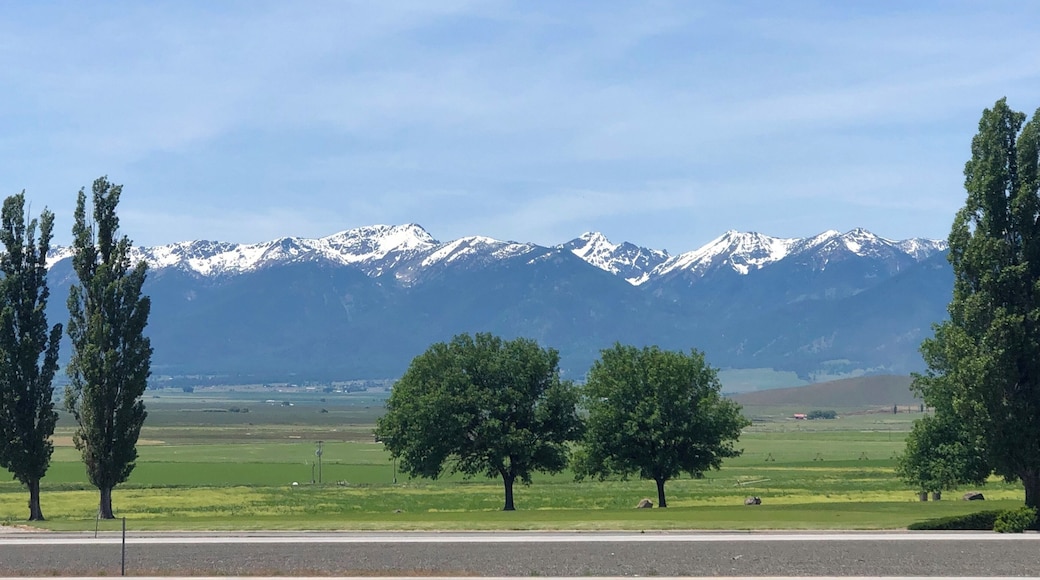 The Blue Mountains with Interstate Highway 84 in the foreground. These mountains were a landmark for the emigrants on the Oregon Trail.