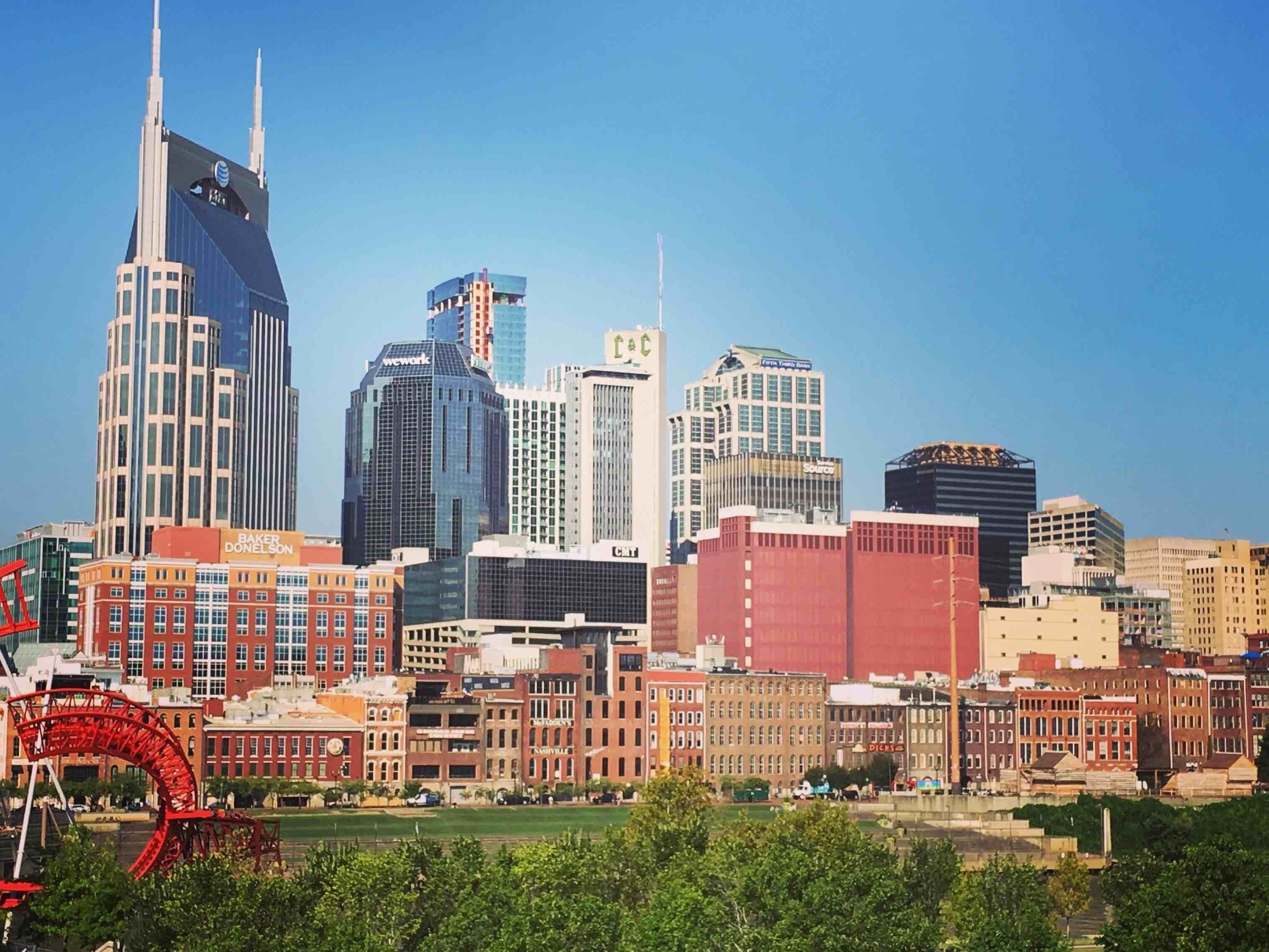 #on the road, downtown Nashville from the walking bridge
