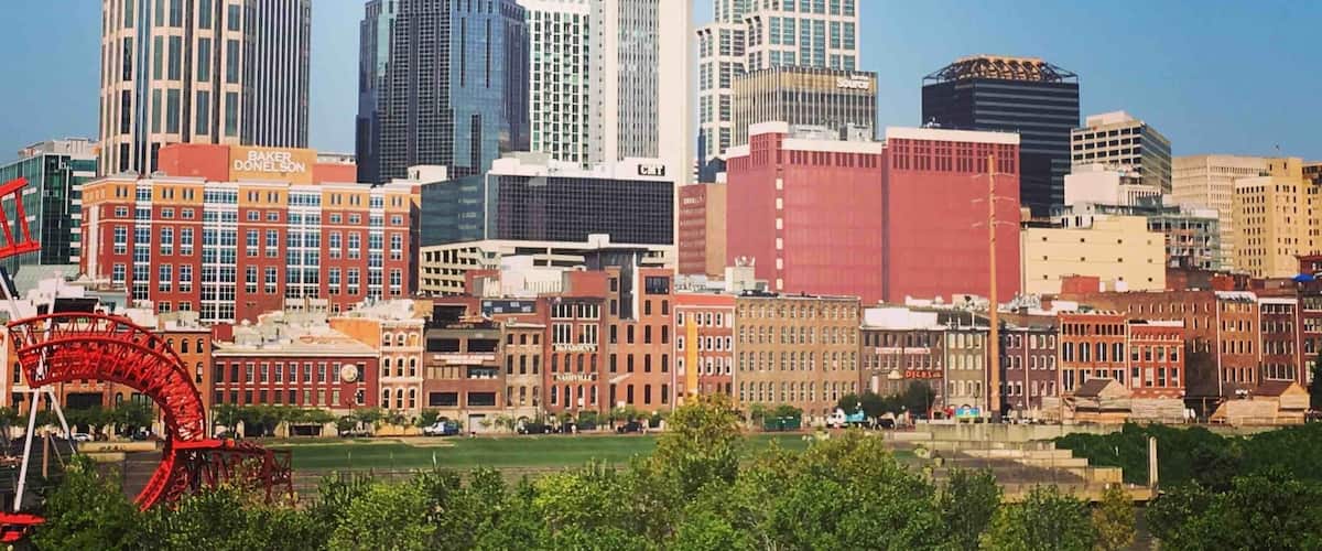 #on the road, downtown Nashville from the walking bridge