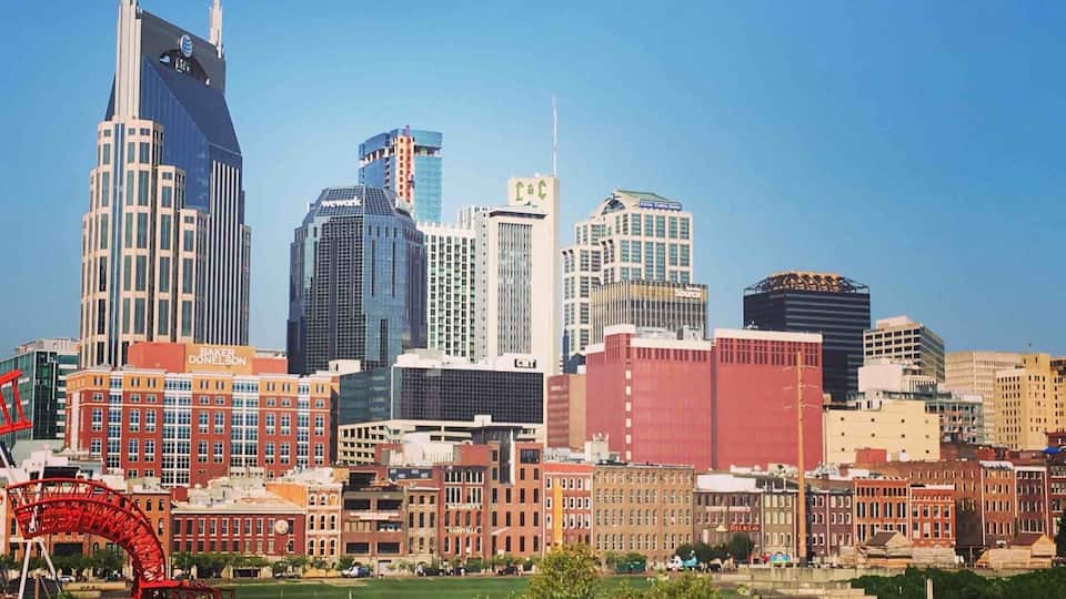 #on the road, downtown Nashville from the walking bridge