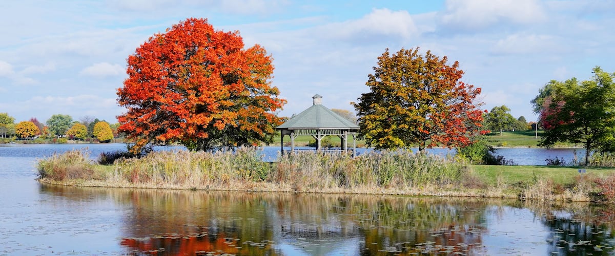 A serene lake with autumn foliage, a gazebo, and a clear reflection.