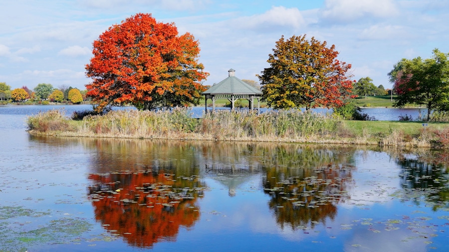 A serene lake with autumn foliage, a gazebo, and a clear reflection.