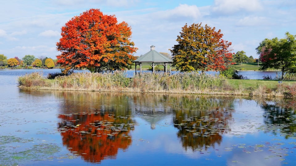 A serene lake with autumn foliage, a gazebo, and a clear reflection.