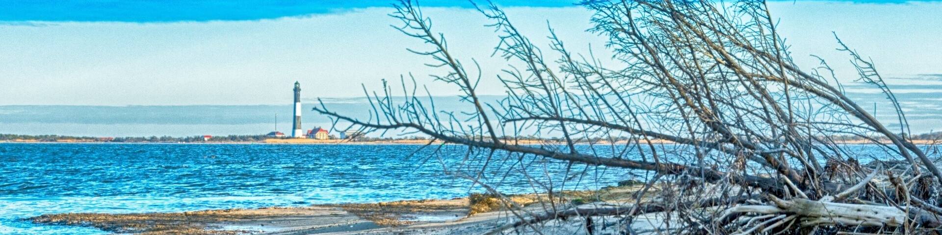 This is a view of Fire Island Lighthouse from the beaches of Captree State Park.
