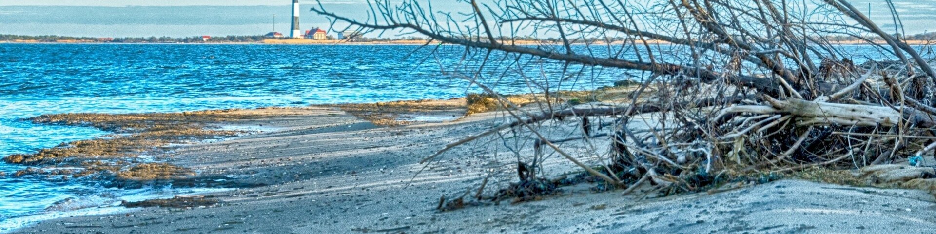 This is a view of Fire Island Lighthouse from the beaches of Captree State Park.