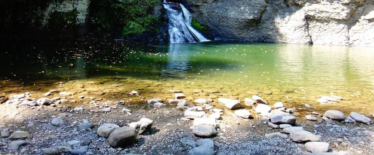 A waterfall cascading into a clear pool surrounded by rocky terrain and greenery.