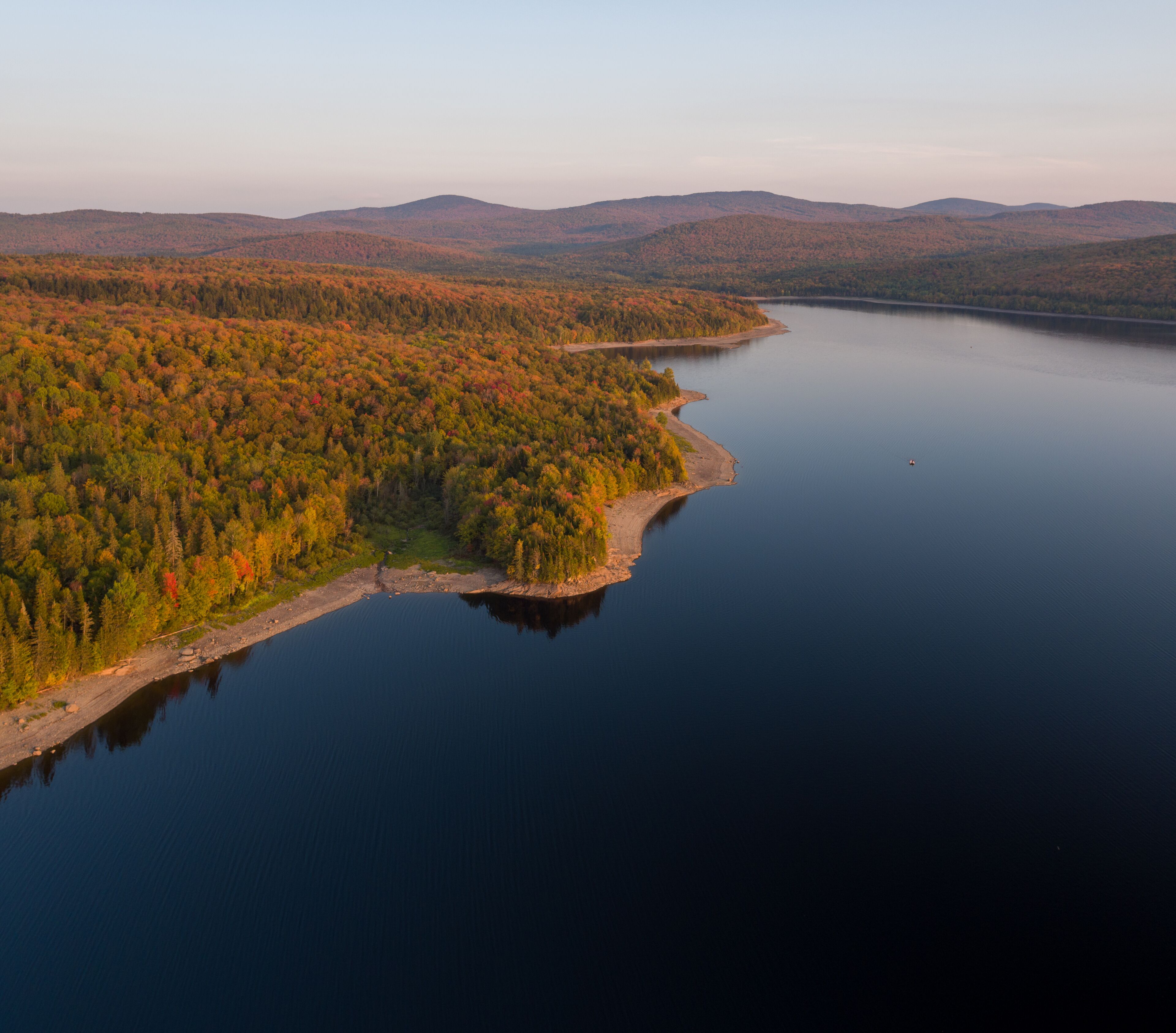 New Hampshire aerial foliage scene over Lake Francis in the town of Pittsburg.