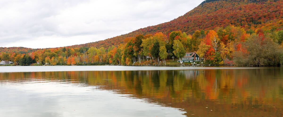 Overlooking of Lake Elmore State Part With Beautiful Autumn Foliage and Water reflections at Elmore, Vermont, USA