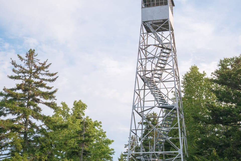 A tall metal tower with a staircase, surrounded by trees.