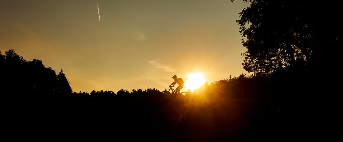 Silhouette Of Mountain Biker In Middlesex Fells Reservation, Massachusetts, Usa