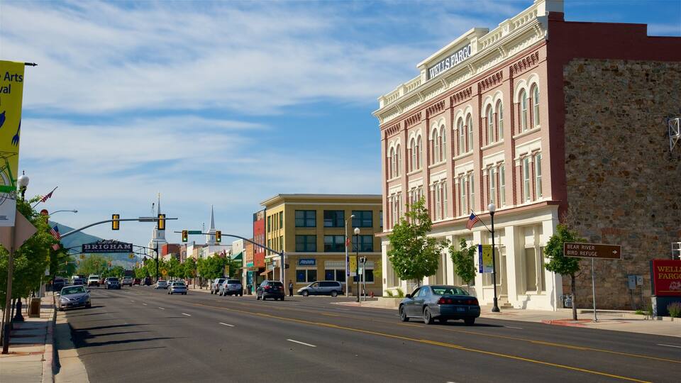 A street lined with historic buildings, including a Wells Fargo branch.