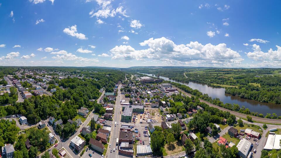 Aerial panoramic view of Amsterdam, New York. July 6, 2022