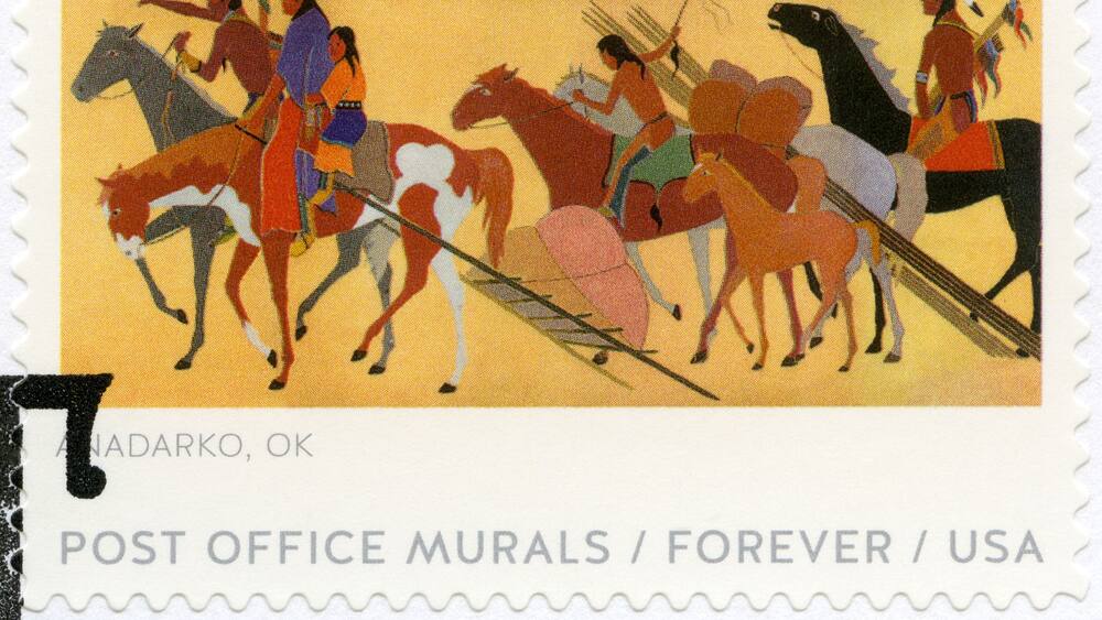 USA - 2019: shows Kiowas Moving Camp, Anadarko, Oklahoma, Post office murals, 2019