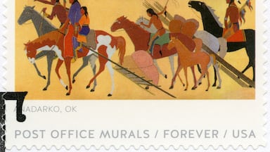 USA - 2019: shows Kiowas Moving Camp, Anadarko, Oklahoma, Post office murals, 2019