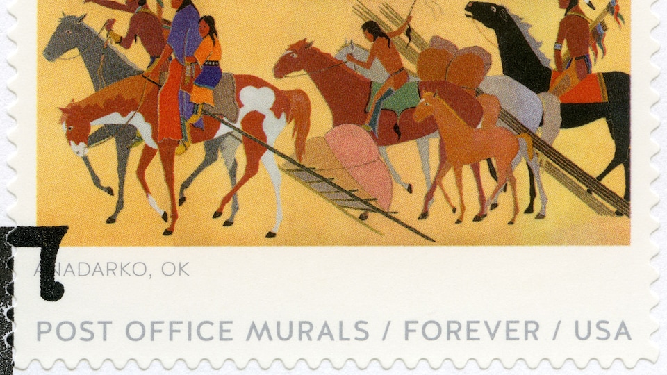 USA - 2019: shows Kiowas Moving Camp, Anadarko, Oklahoma, Post office murals, 2019
