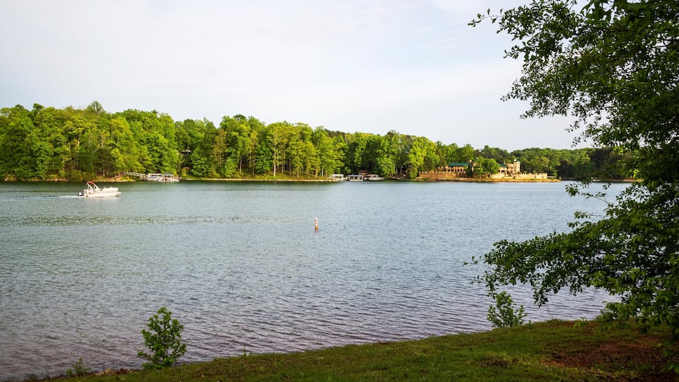 A lake with a boat, a dock, and a forested shoreline.