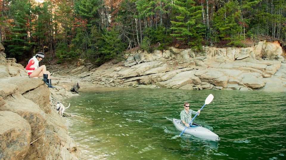 A kayaker on a calm river surrounded by rocky shores and dense forest.