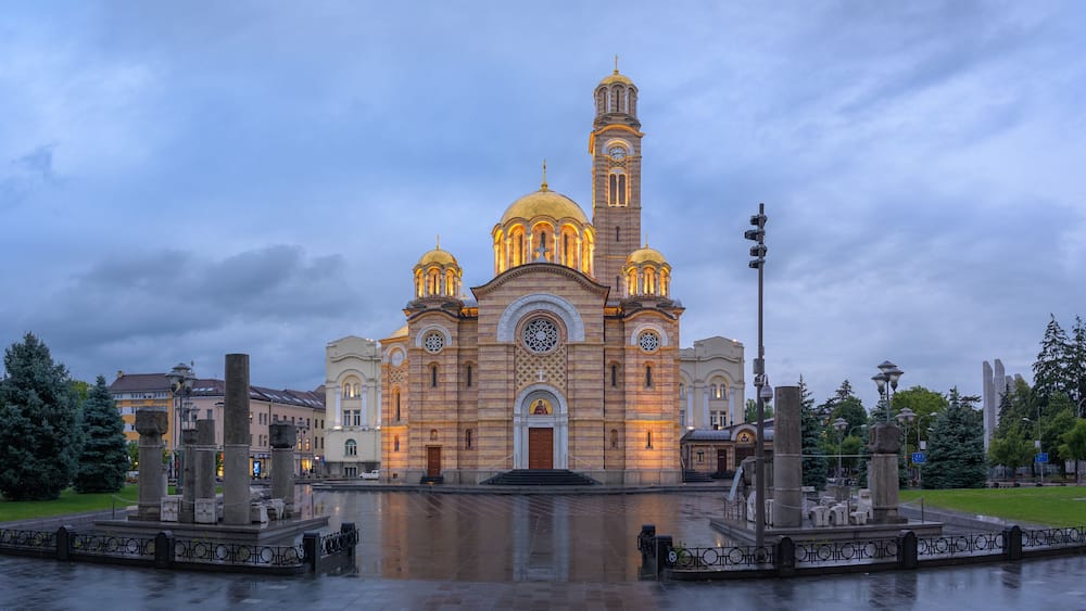 Cathedral of Christ the Saviour illuminated at dusk in Banja Luka, Bosnia and Herzegovina