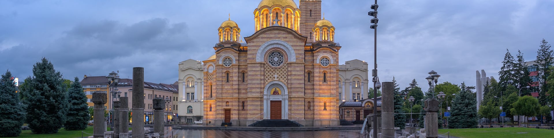 Cathedral of Christ the Saviour illuminated at dusk in Banja Luka, Bosnia and Herzegovina
