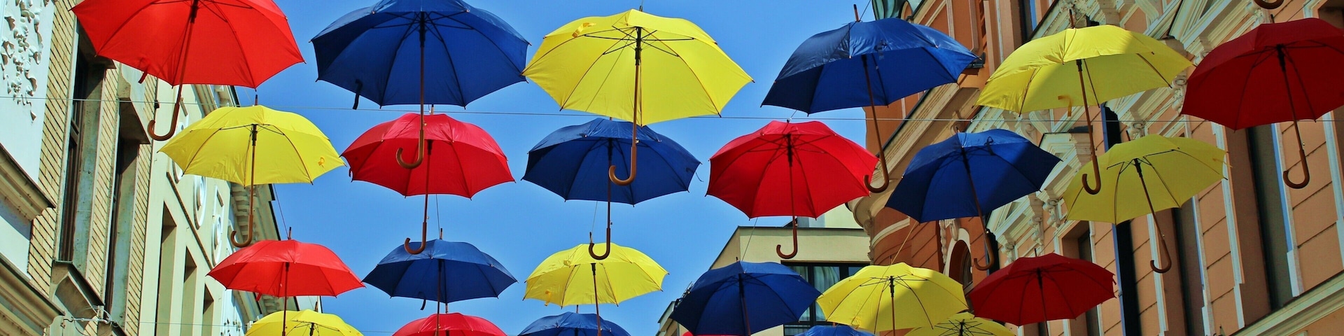 Colorful umbrellas in Banja LUka pedestrian zone as decoration for the City Day